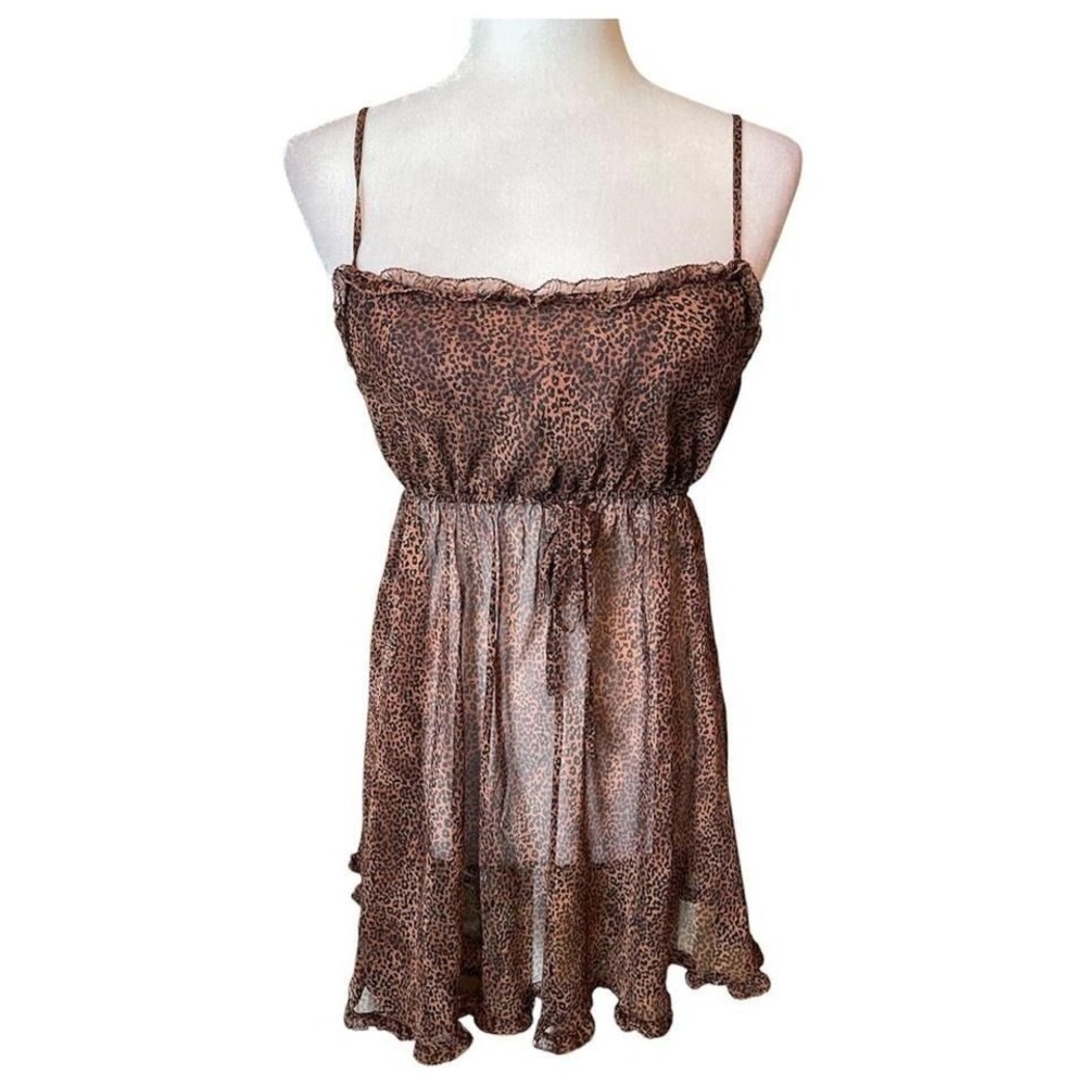 Vtg 90s Victoria's Secret Leopard Sheer Babydoll Slip Dress Pink Heart Label